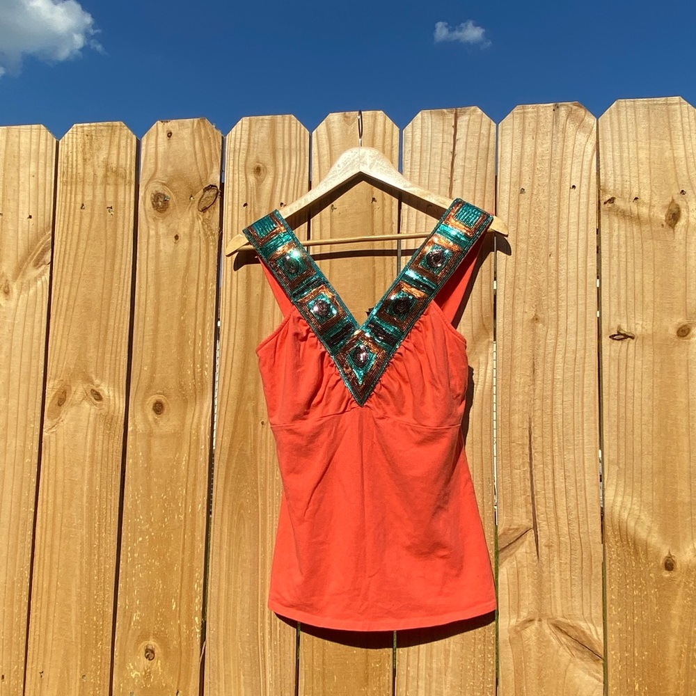 Y2K Summer Beach Sequined Orange Sleeveless top size medium Boho Bohemian